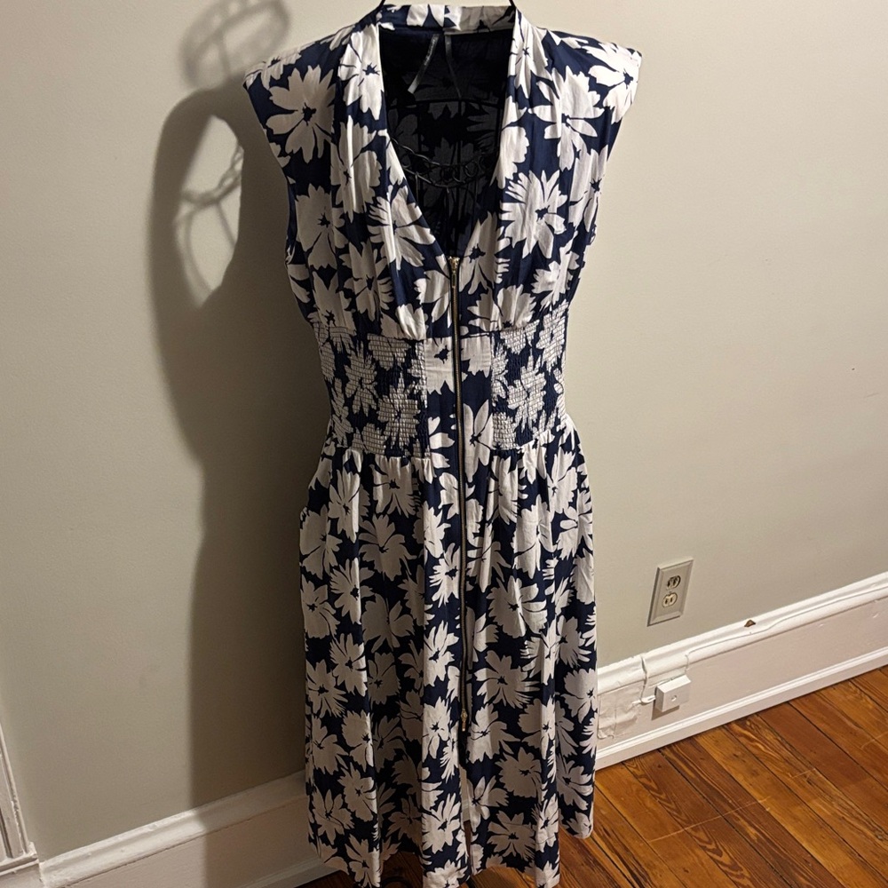 Anthropologie Navy and White Floral Midi Dress with Smocked Waist